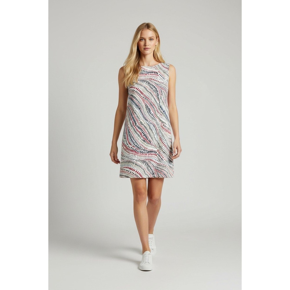 Harvey Faircloth Shift Dress Women 2 White Red Blue Abstract Linen Mini Pockets
